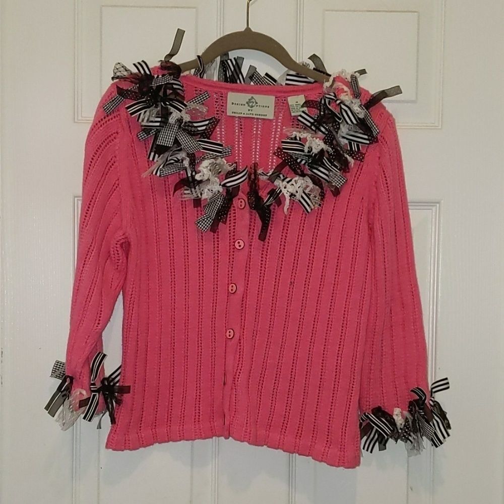 Design Options by Philip & Jane Gordon pink ribbon accent cardigan Sz M EUC